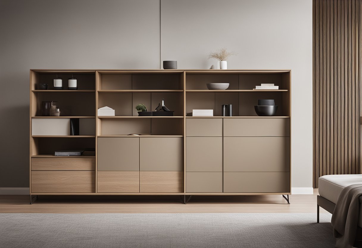 A sleek, modern bedroom cabinet stands against a neutral-colored wall. The cabinet features clean lines, ample storage space, and a minimalist design