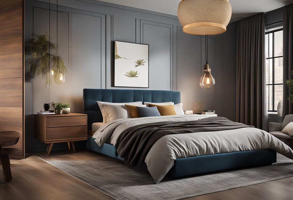 A cozy bedroom with a mix of modern and rustic elements, featuring a bold accent wall, a plush area rug, and a stylish nightstand with a sleek lamp
