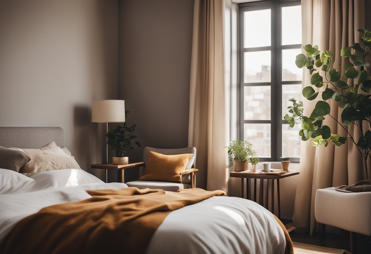 A cozy bedroom with a plush bed, soft lighting, and a warm color scheme. A large window lets in natural light, and a small reading nook with a comfortable chair and side table completes the scene