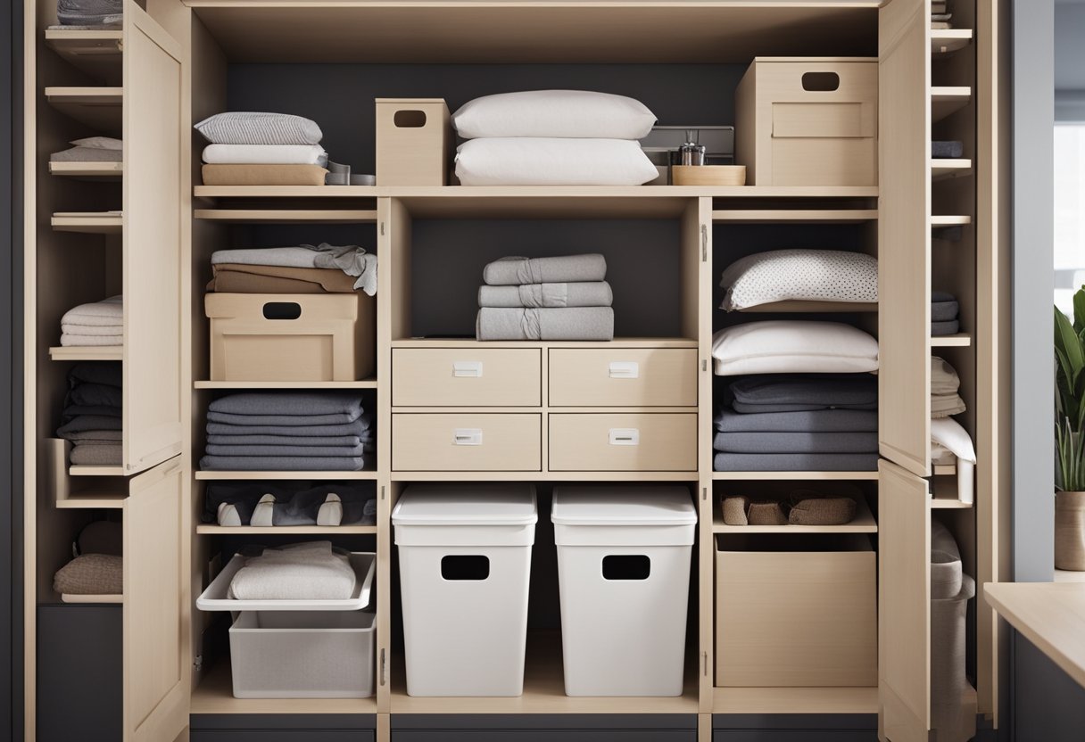 The bedroom cabinet is neatly organized with labeled bins and shelves. Clothes are folded and arranged by type, while accessories are stored in designated compartments