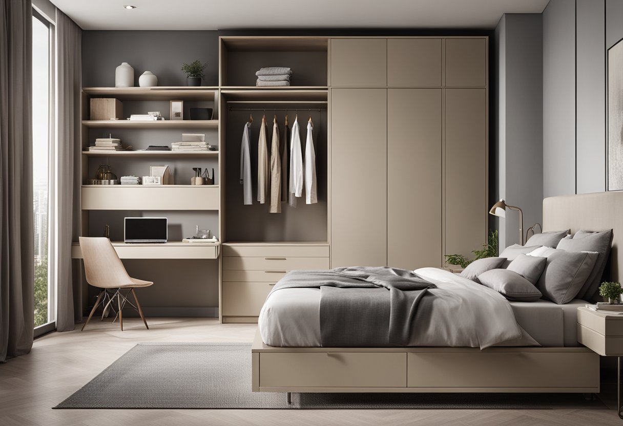 A modern bedroom cabinet with sleek lines and ample storage space. Clean, minimalist design with a neutral color palette