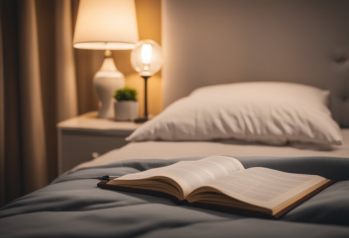 A cozy bedroom with a quiz sheet on the bed, a pencil, and a lamp on the nightstand. Comfortable bedding and a warm color scheme create a welcoming atmosphere