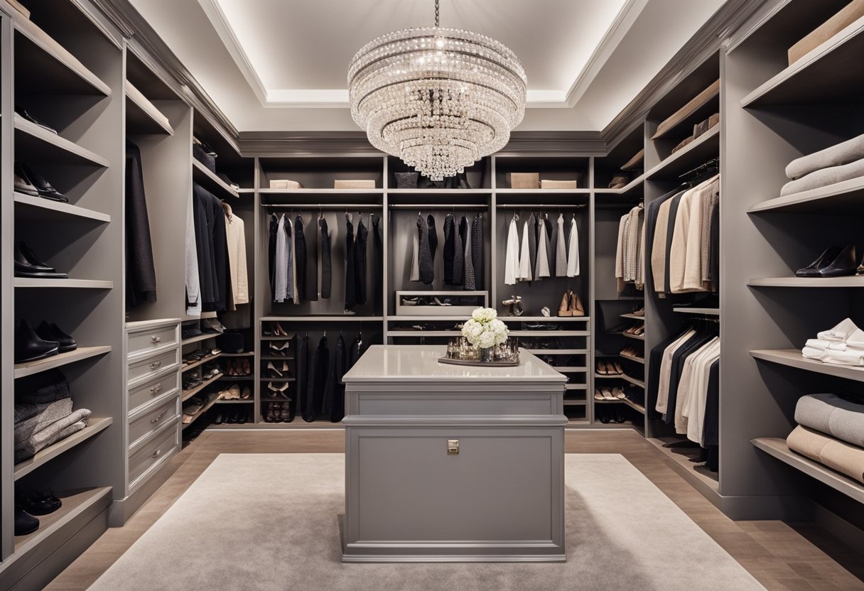 A spacious walk-in closet with built-in shelves, hanging rods, and a stylish chandelier. The closet is organized with neatly folded clothes, shoes, and accessories