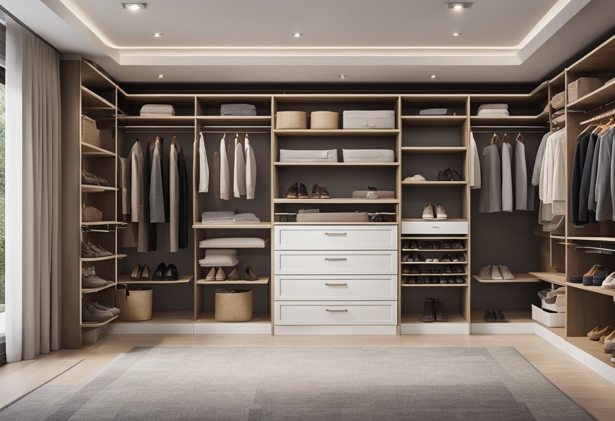 A spacious bedroom closet with built-in shelves, drawers, and hanging rods. Utilizing vertical space with stackable organizers and shoe racks