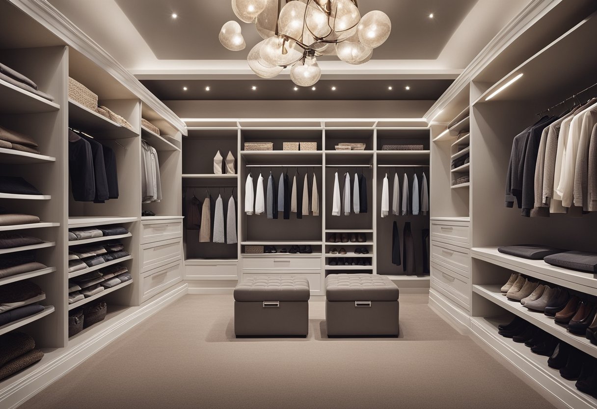 A spacious walk-in closet with built-in shelves, drawers, and hanging rods. Soft lighting and a stylish color scheme create a modern and functional space