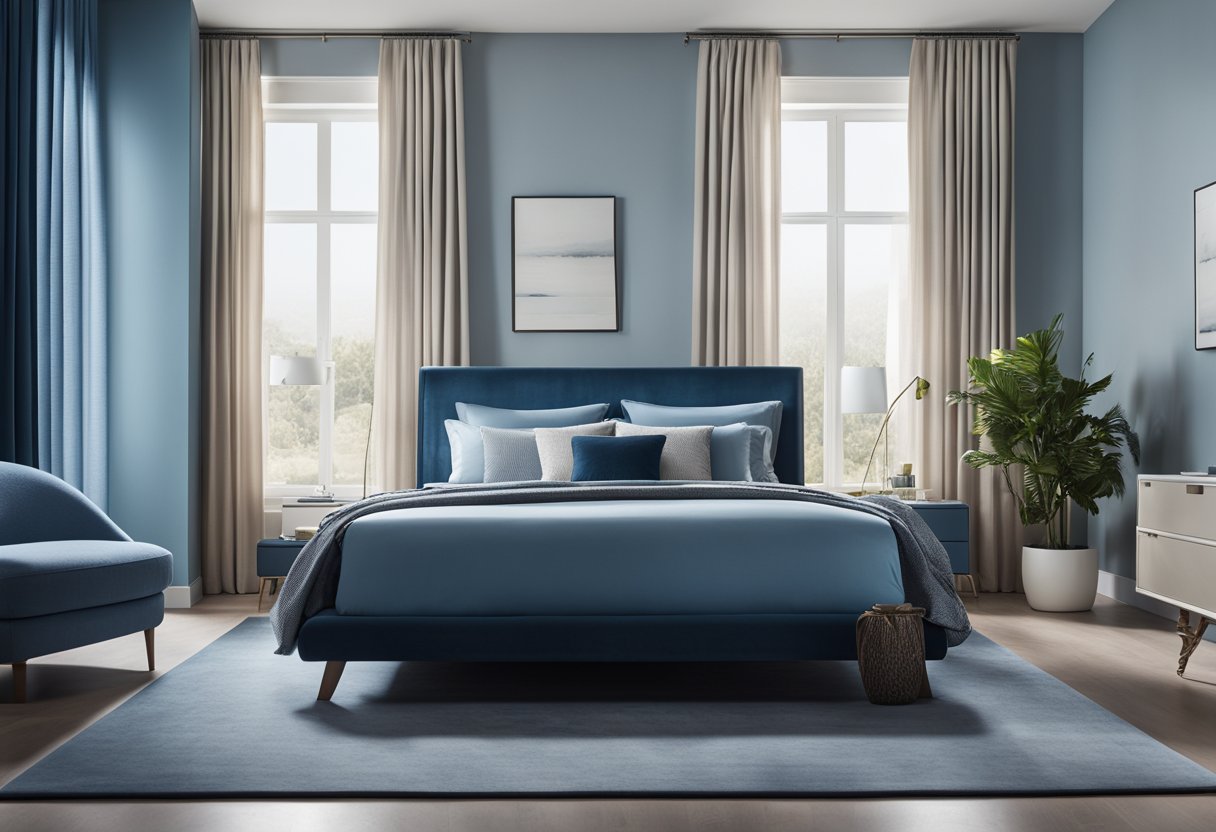A modern bedroom with a king-sized bed, sleek nightstands, and a large window with sheer curtains. The walls are painted a calming shade of blue, and there is a plush area rug on the floor