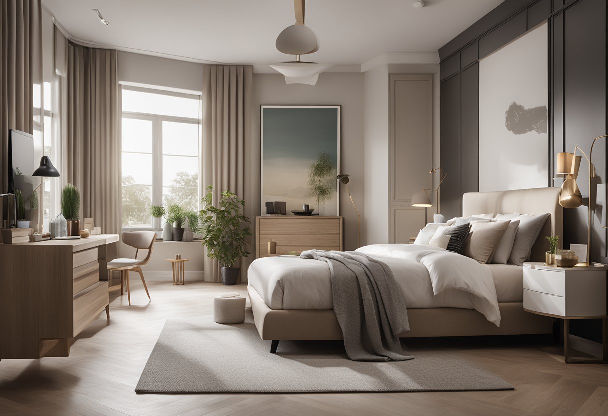 A bedroom with modern furniture, large windows, and a neutral color palette. A 3D planning and visualization tool is being used to arrange the furniture and decor