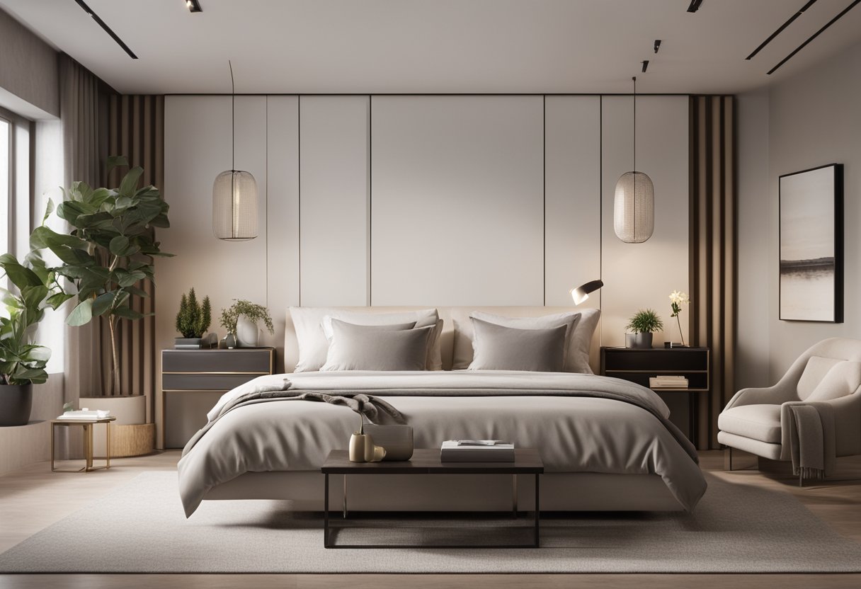 A modern bedroom with clean lines, neutral colors, and minimalistic furniture. A large, comfortable bed takes center stage, flanked by sleek nightstands and soft lighting