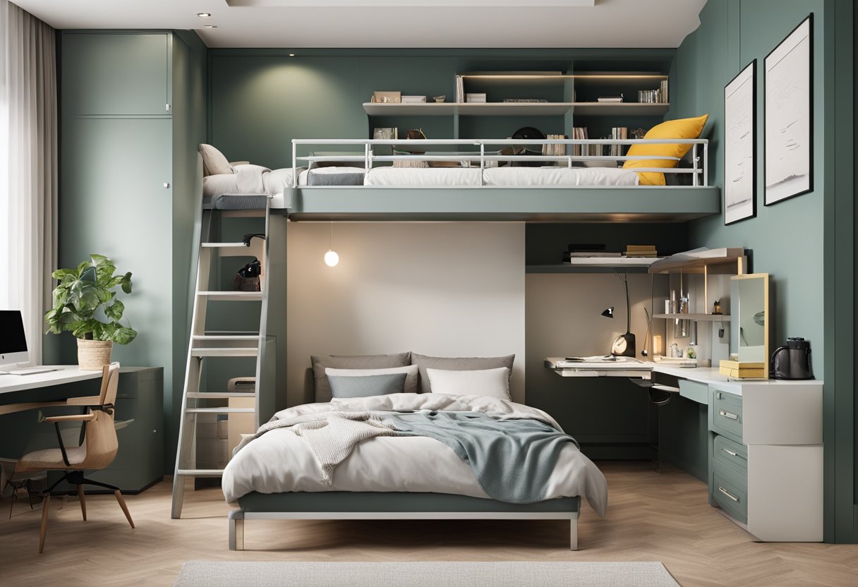 A rectangular bedroom with built-in storage, a loft bed, and a desk area. Bright colors and minimal furniture create a spacious and functional design