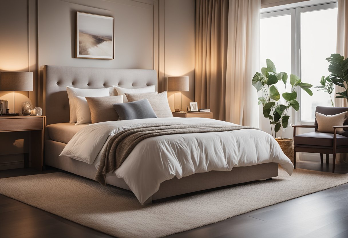 A cozy bedroom with warm lighting, plush bedding, and a comfortable seating area. Soft, neutral colors and natural textures create a calming atmosphere
