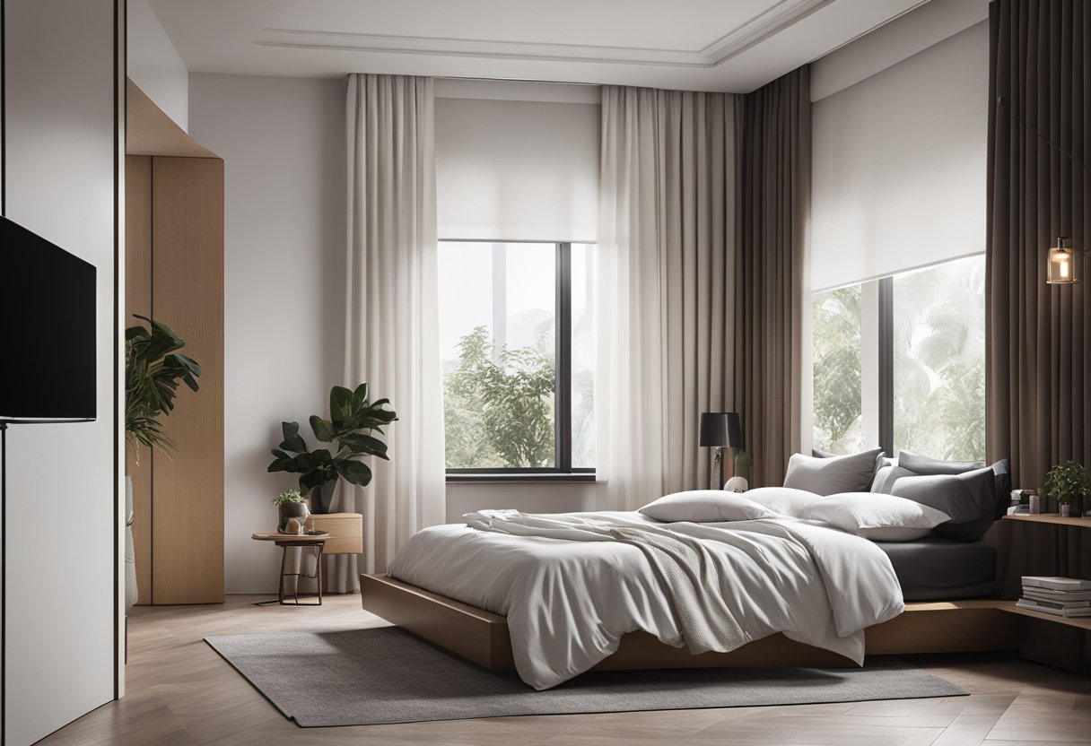 A rectangular bedroom with a sleek, modern design. A large bed with crisp white linens, a minimalist desk, and a cozy reading nook by the window