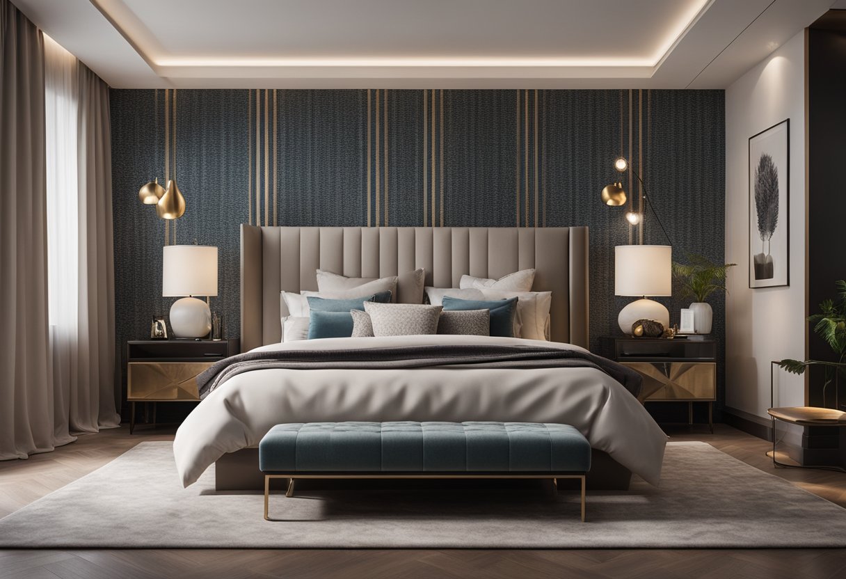 A cozy bedroom with a large, plush bed centered against a feature wall with a bold wallpaper. A modern nightstand with a sleek lamp on each side and a soft area rug underfoot