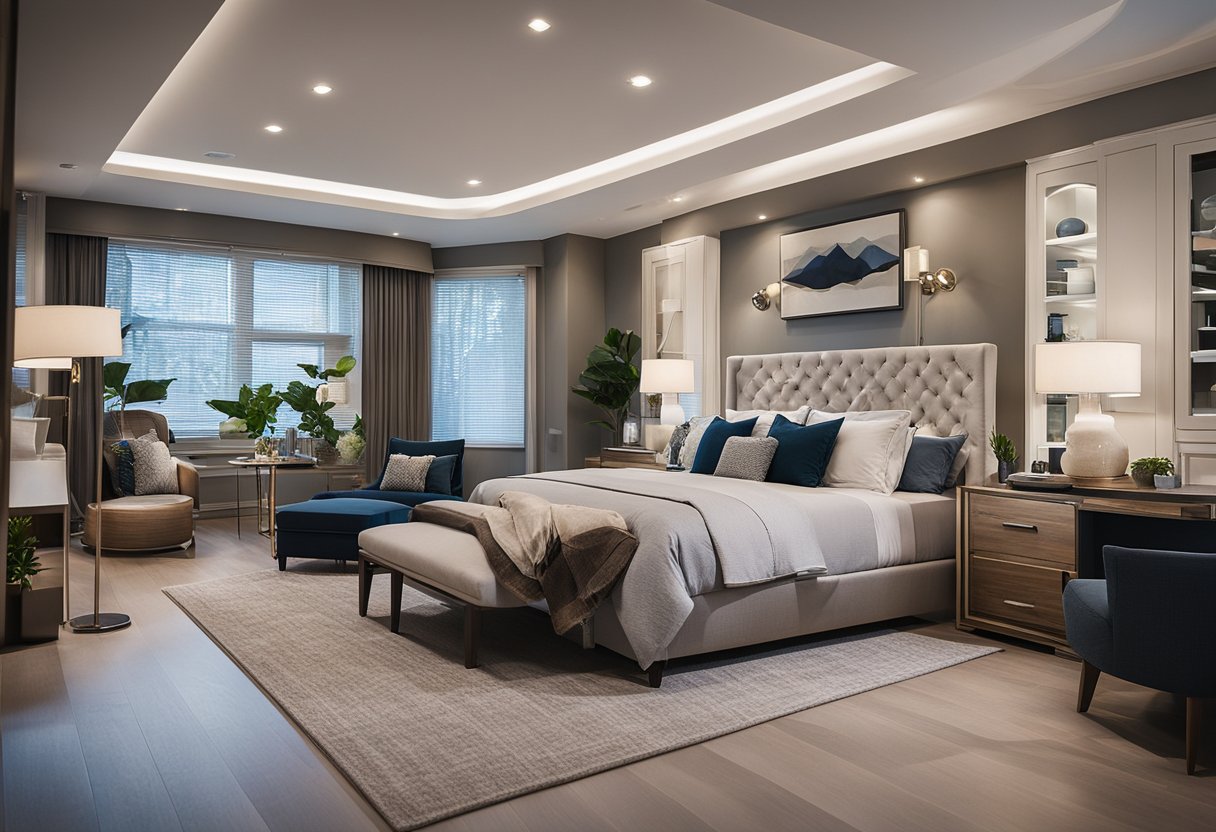 A designer adds final details to a bedroom plan, arranging furniture and decor with a focus on visual appeal and functionality