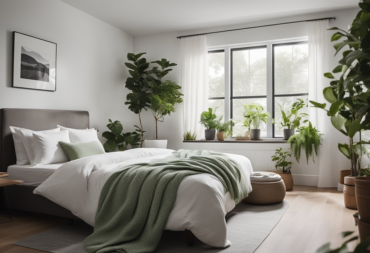 A cozy bedroom with a clean, modern design. A comfortable bed with crisp white linens, a sleek desk with a computer, and a wall-mounted TV. A large window lets in natural light, and a potted plant adds a touch of green