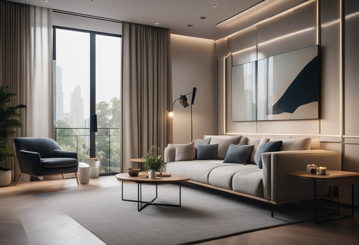 A modern bedroom with a sleek sofa, soft lighting, and minimalist decor