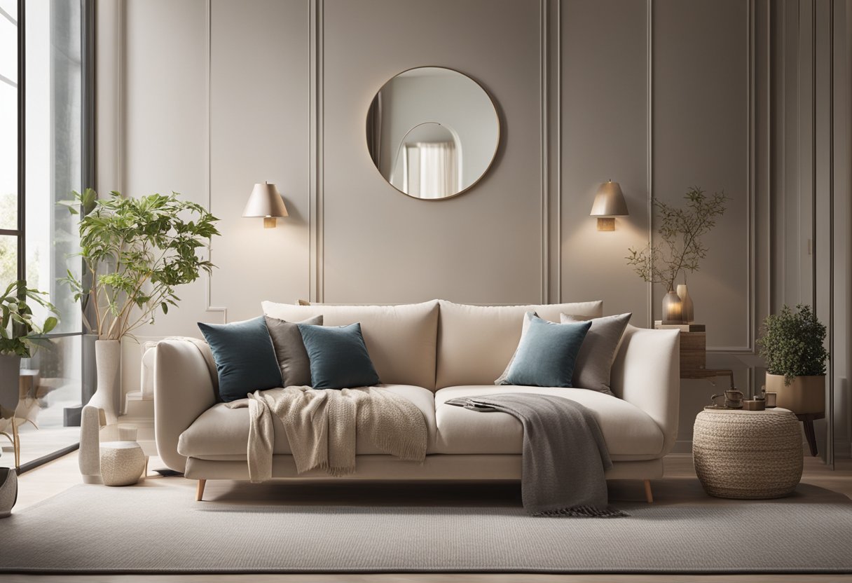 A cozy bedroom with a stylish sofa, positioned near a window with soft natural light. Subtle color scheme and decorative pillows add a touch of elegance to the space