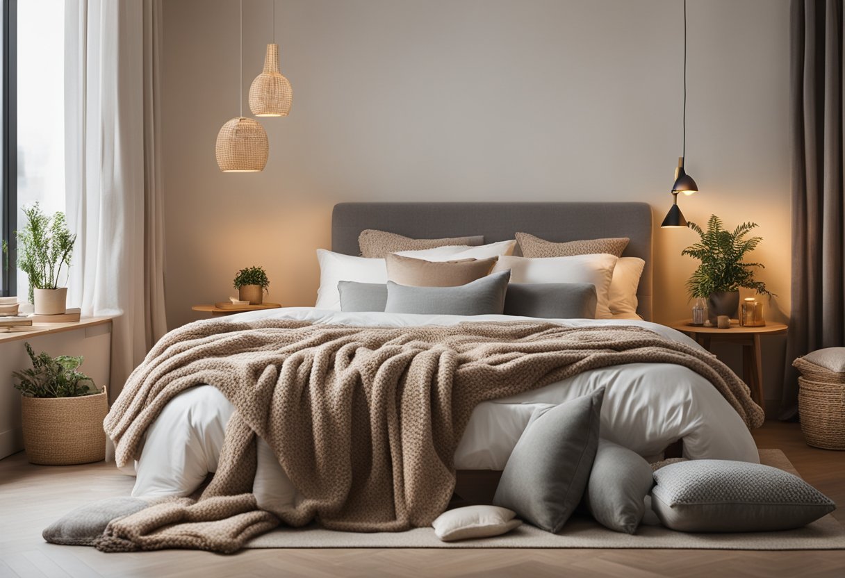 A cozy bedroom with a plush sofa placed by the window, adorned with soft throw pillows and a warm blanket. The room is bathed in natural light, creating a serene and inviting ambience