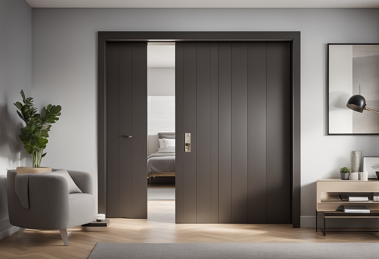 A bedroom door with a sleek, modern laminate design, featuring clean lines and a subtle texture for added depth and visual interest