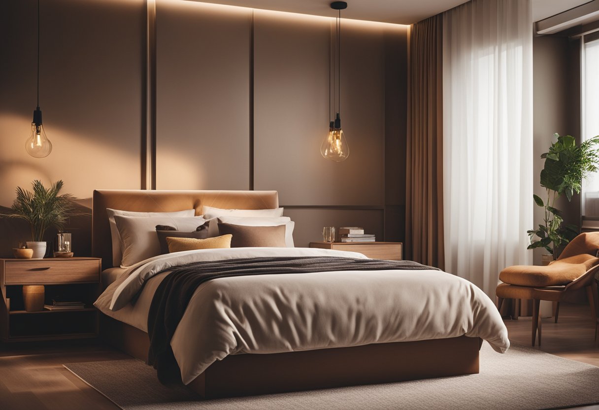 A cozy bedroom with laminate doors, soft lighting, and warm colors creates a relaxing ambiance