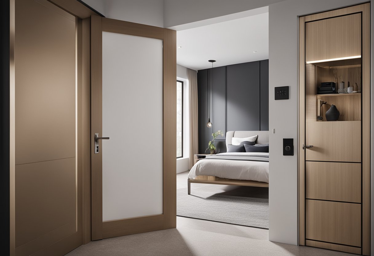 A bedroom door with a modern laminate design, featuring bold typography and clean lines