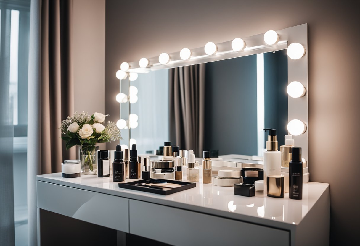 A sleek, modern dressing table with a large mirror, minimalist design, and a few carefully placed beauty products