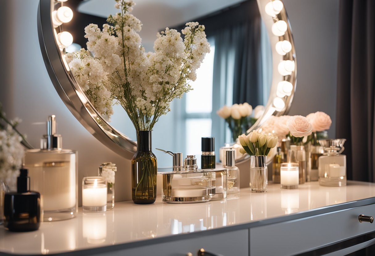 A sleek, modern dressing table with a large, round mirror, surrounded by soft lighting and adorned with elegant perfume bottles and a vase of fresh flowers