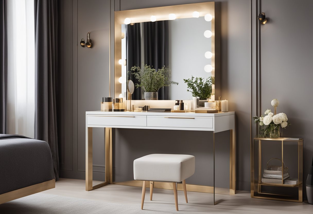 A modern bedroom dressing table with a sleek, minimalist design, featuring a large mirror, clean lines, and ample storage space