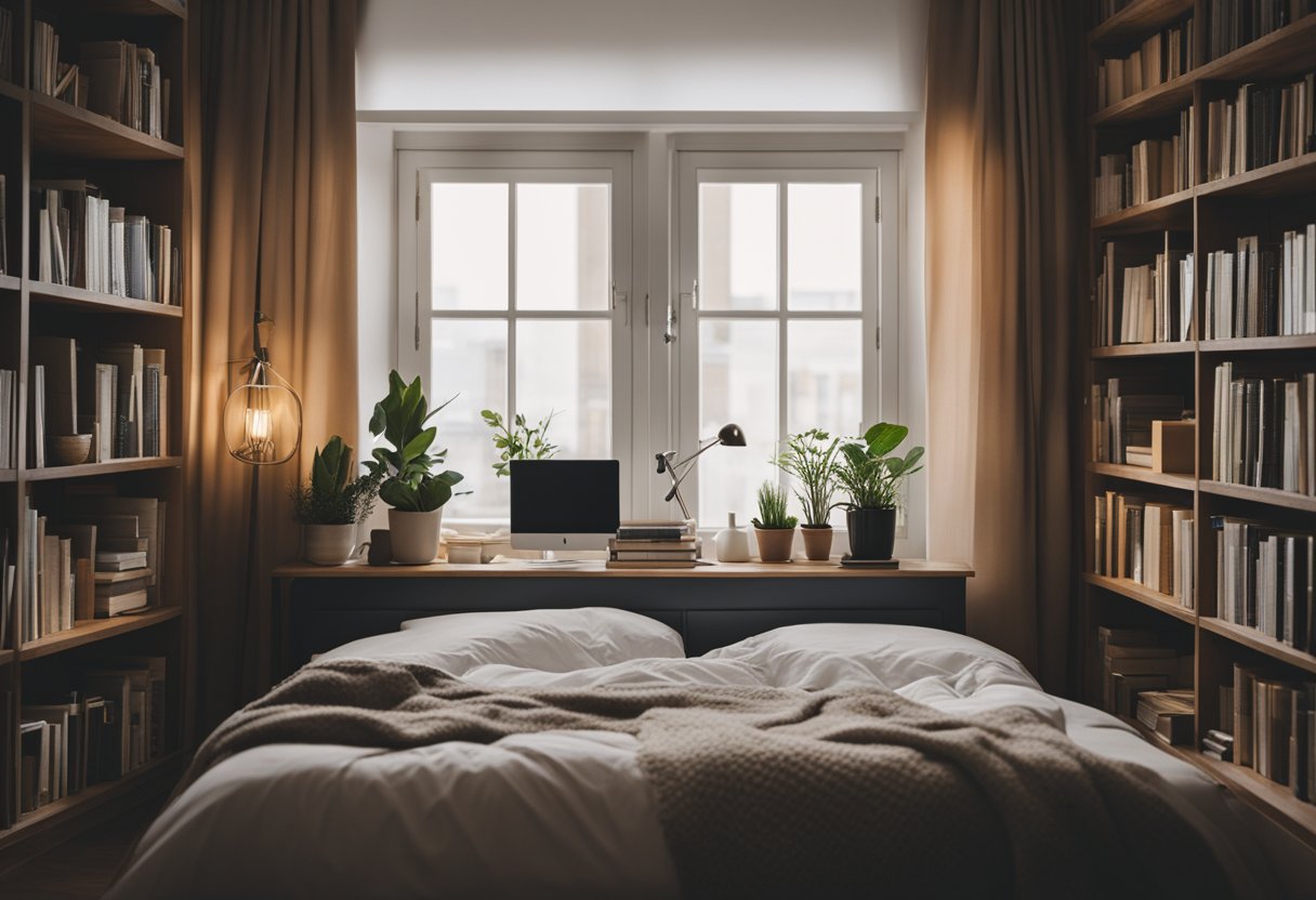 A cozy bedroom with a large bed, soft pillows, and warm lighting. A bookshelf filled with books and a desk with a computer. A window with curtains and a potted plant on the windowsill