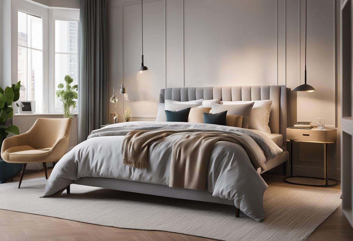 A cozy bedroom with a large, plush bed, soft lighting, and a calming color palette. A sleek, modern desk sits in the corner, with a comfortable reading nook nearby