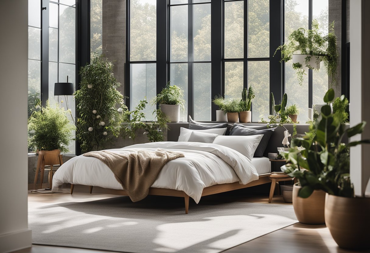 A cozy bedroom with a modern design: clean lines, neutral colors, and minimal furniture. A large, comfortable bed sits against the back wall, with a nightstand on either side. A large window lets in natural light, and plants add a touch