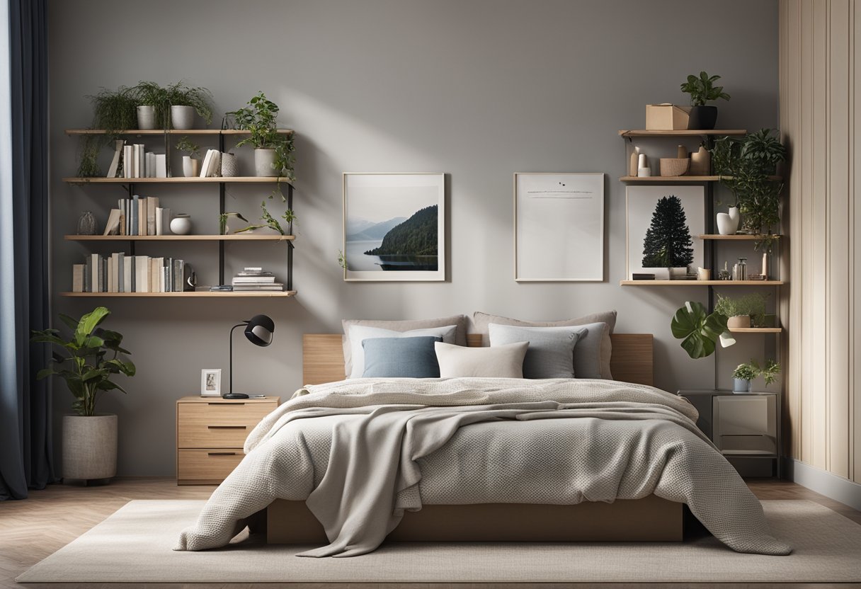A cozy bedroom with a computer desk, bookshelf, and a neatly made bed. A wall-mounted "Frequently Asked Questions" poster adds a modern touch to the room's decor