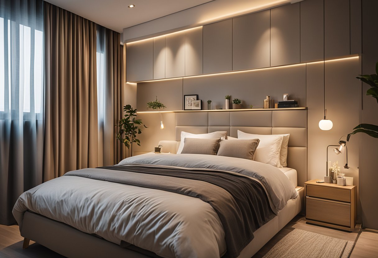 A cozy bedroom in a 2-room HDB flat, featuring a simple and functional interior design with a comfortable bed, compact storage solutions, and soft lighting