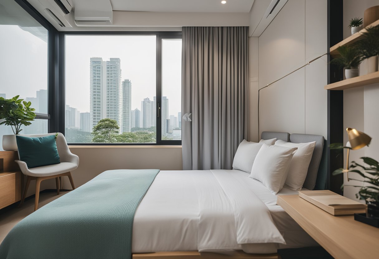 A cozy 2-room HDB flat bedroom with a minimalist design, featuring a queen-sized bed, a sleek study desk, and a large window letting in natural light