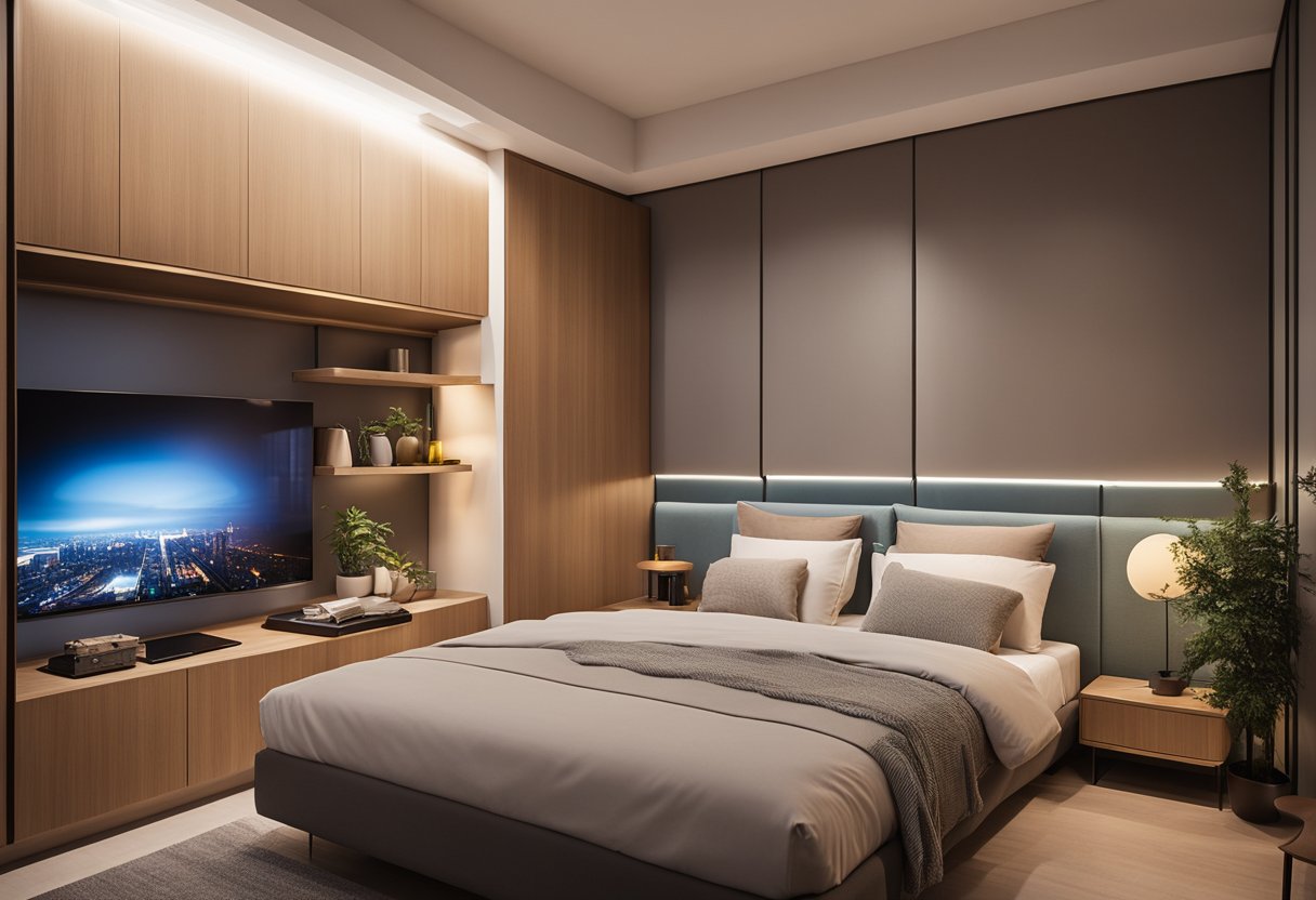 A cozy 2-room HDB flat bedroom with modern interior design, featuring space-saving furniture, warm lighting, and functional storage solutions