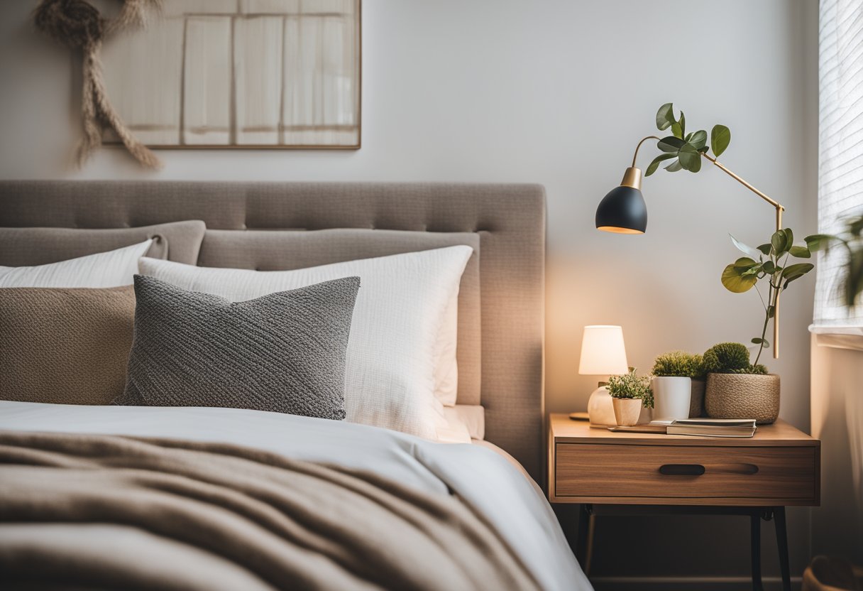 A cozy bedroom with a neutral color palette, soft textures, and natural materials. A large, plush bed with layered bedding, a statement headboard, and a mix of decorative pillows. A modern nightstand with a table lamp, and a cozy reading