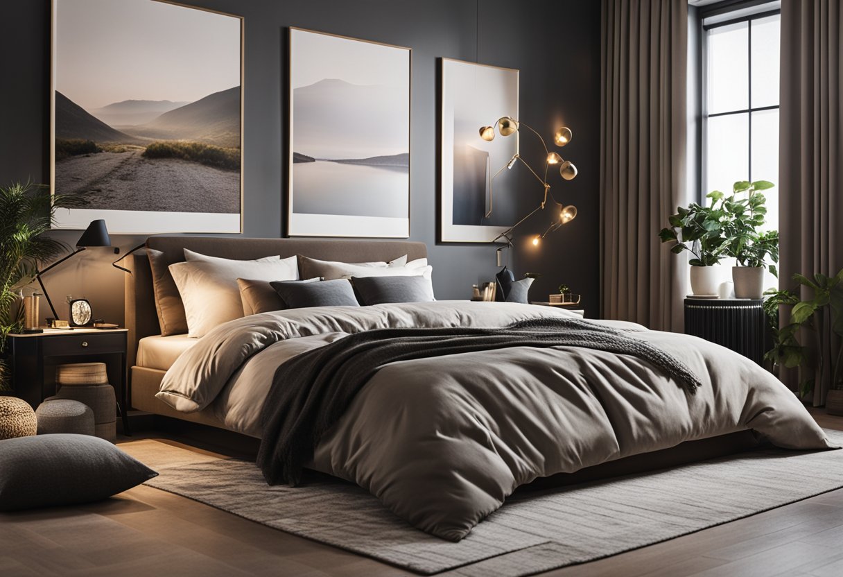 A cozy bedroom with modern furniture, soft lighting, and a gallery wall of interior design photos