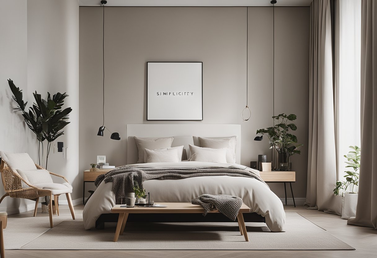 A cozy bedroom with minimalistic furniture, clean lines, and neutral colors. A quote on the wall reads "Simplicity is the ultimate sophistication."