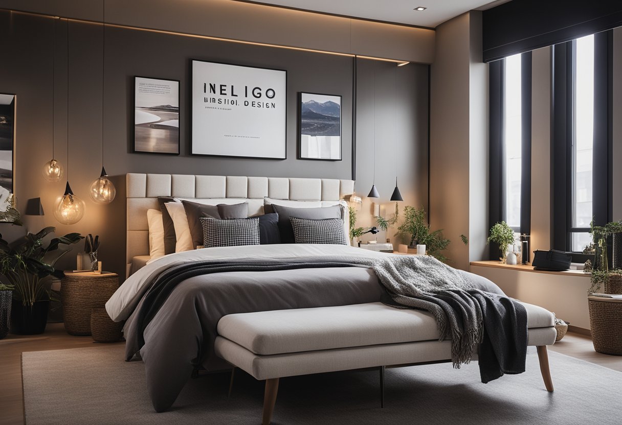 A cozy bedroom with a modern design, featuring a comfortable bed, stylish nightstands, soft lighting, and quotes about interior design displayed on the walls