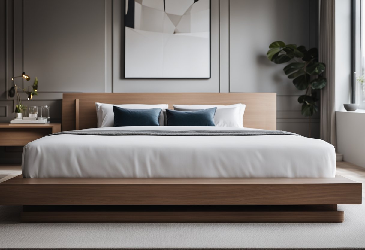 A sleek, modern platform bed sits in the center of a spacious bedroom, with clean lines and minimalistic design. The bed is adorned with crisp, white linens and a few carefully placed decorative pillows