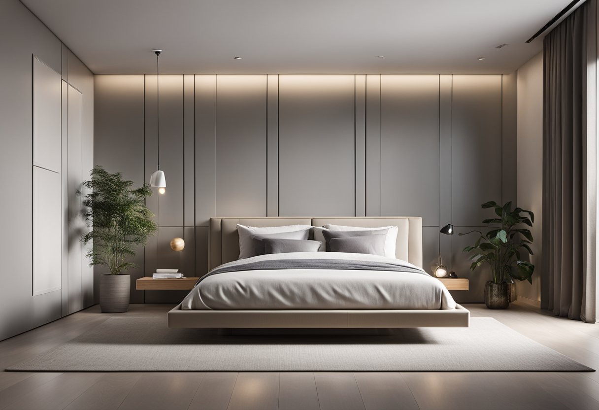 A modern, minimalist platform bed with a sleek, low-profile design. Clean lines, neutral colors, and a spacious, uncluttered bedroom setting