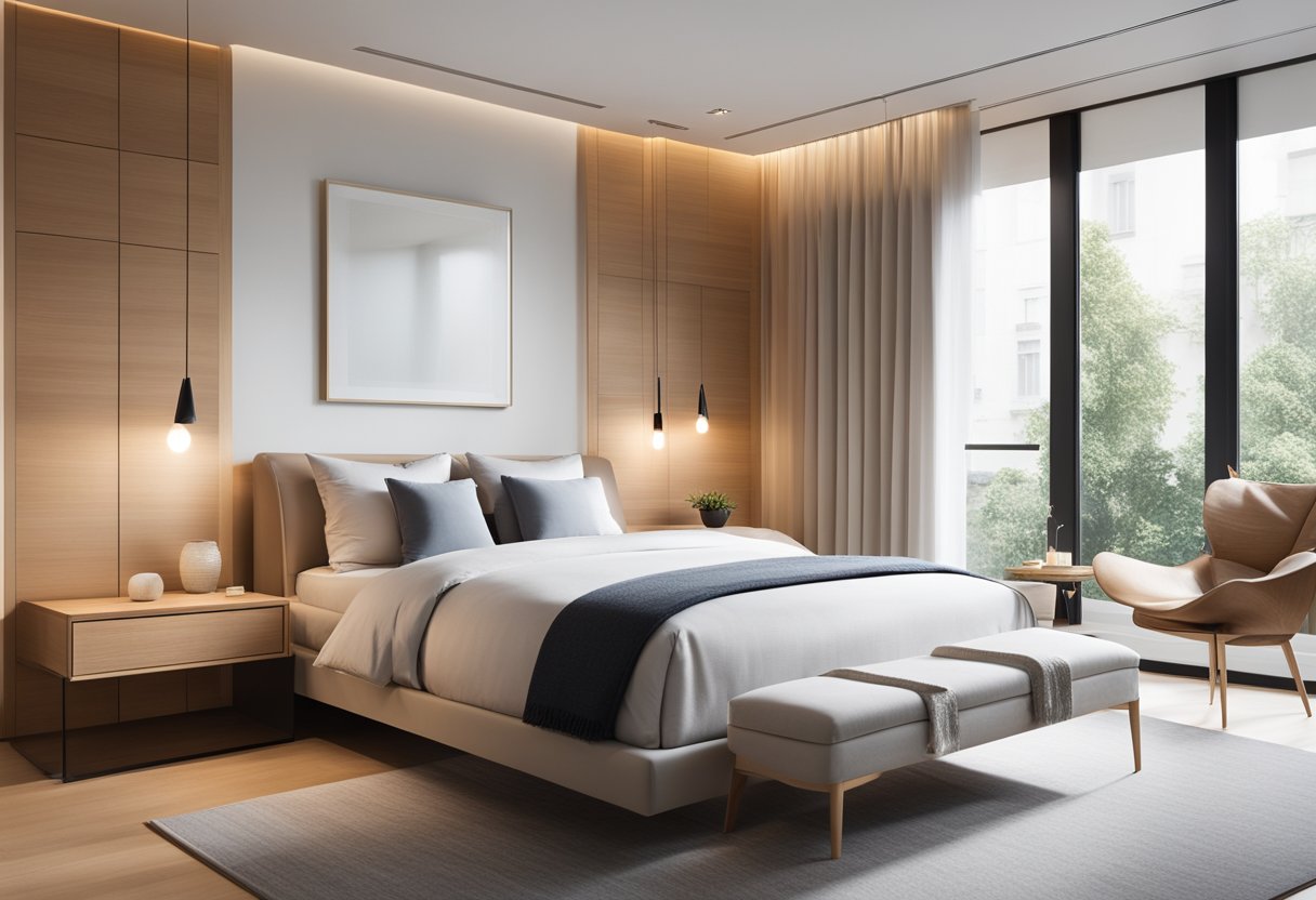A modern bedroom with a sleek platform bed, clean lines, and minimalistic design. Light wood or neutral colors create a serene atmosphere