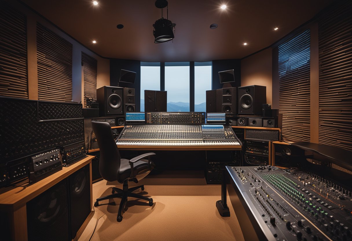 A cozy bedroom recording studio with soundproof walls, a mixing desk, microphones, and musical instruments arranged neatly around the room