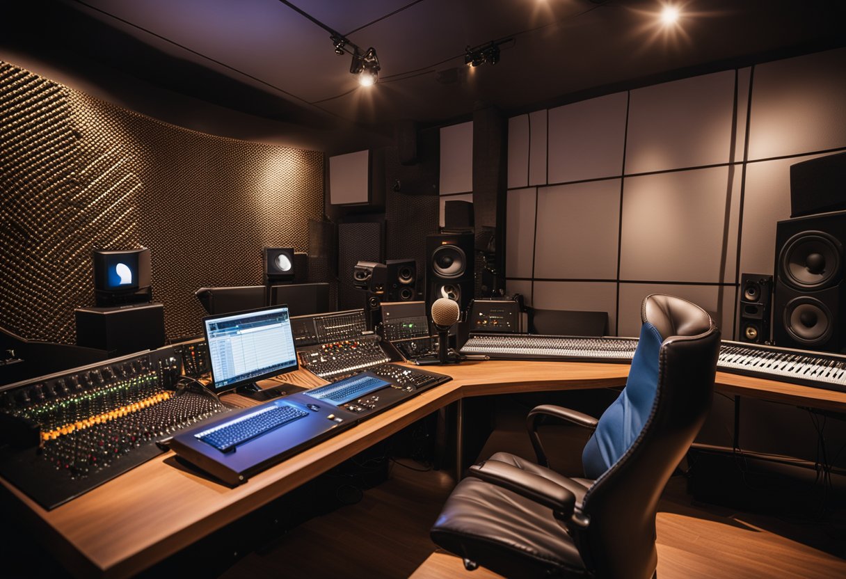 A cozy bedroom studio with soundproof walls, a mixing desk, studio monitors, and a microphone set up for recording