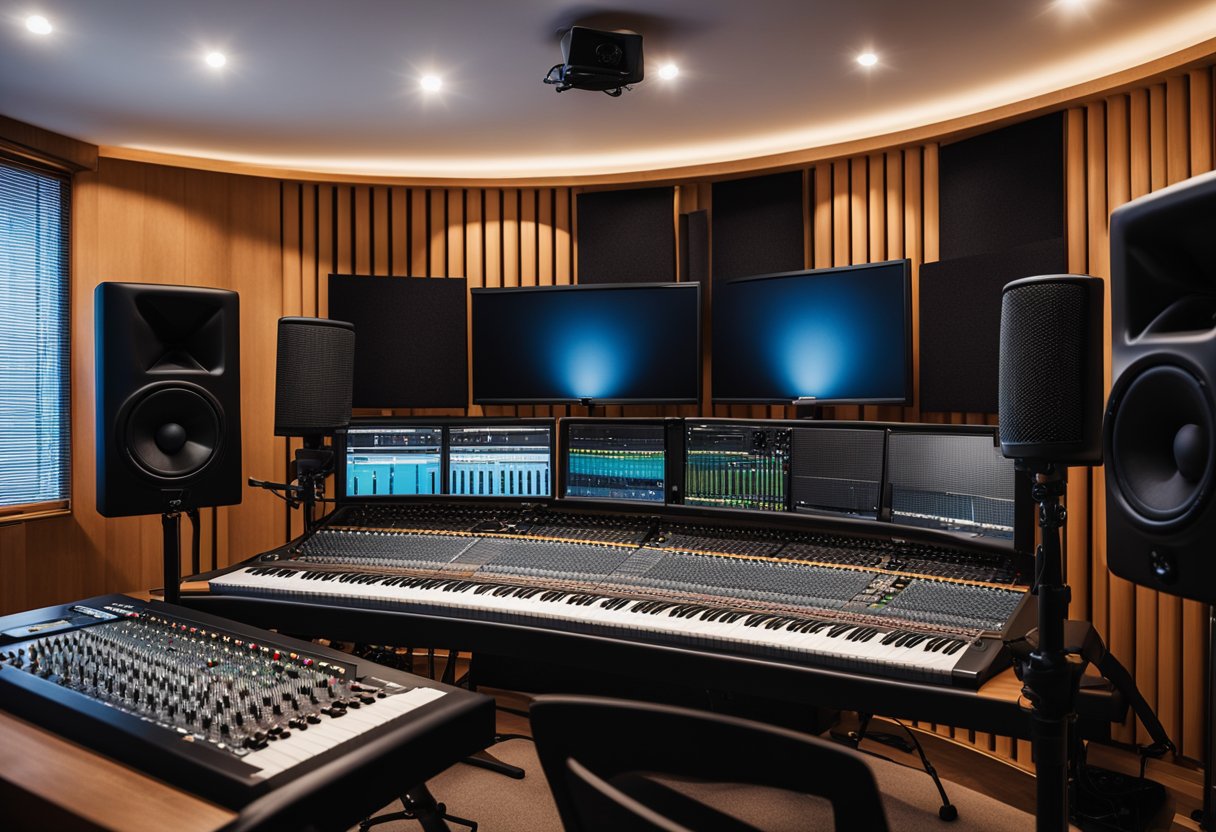 A bedroom recording studio with soundproofing panels, a mixing console, and a microphone stand in the center. Guitars, keyboards, and other musical instruments are neatly organized along the walls
