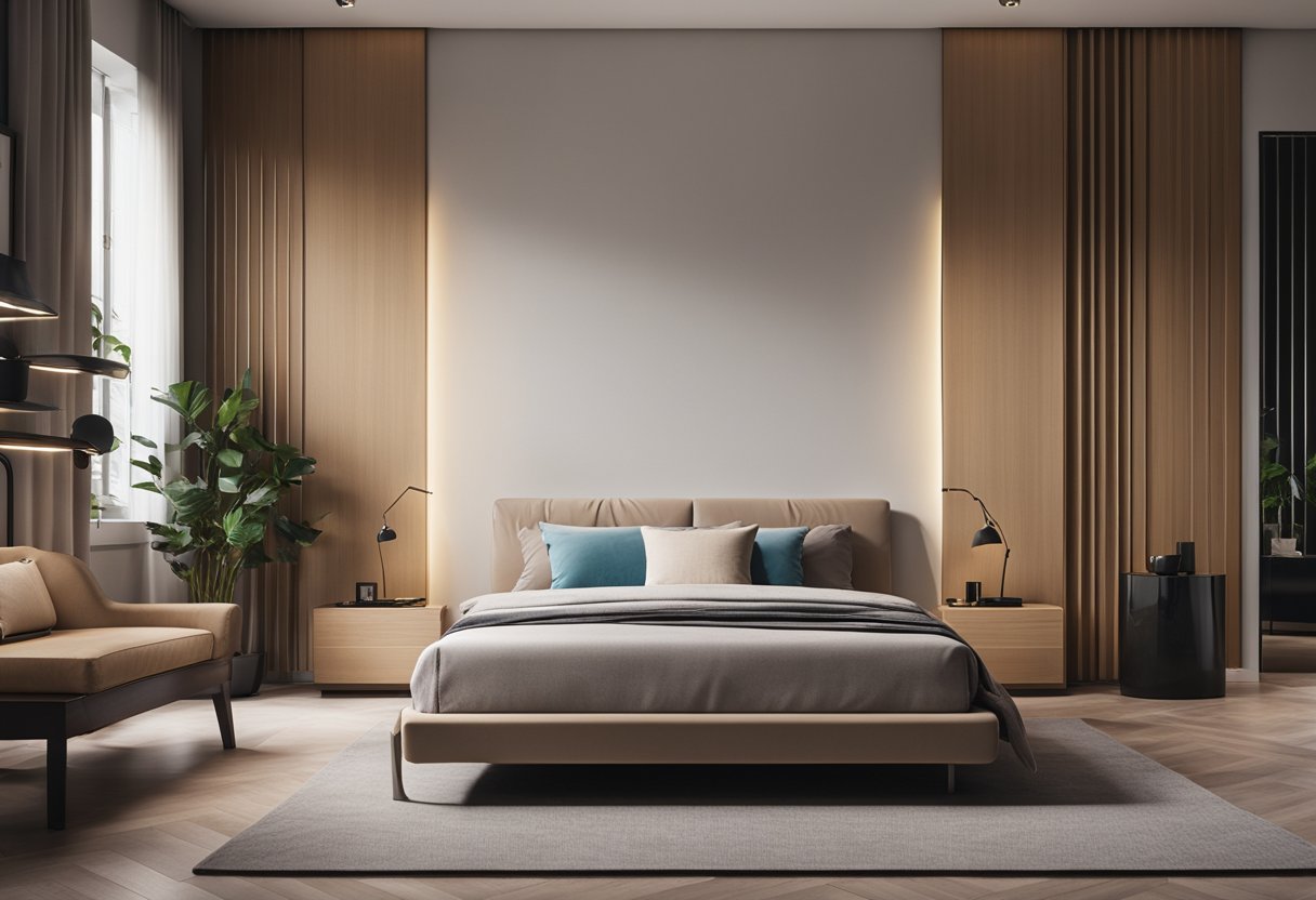 A modern bedroom with a sleek sunmica design on the furniture and walls, creating a clean and contemporary aesthetic