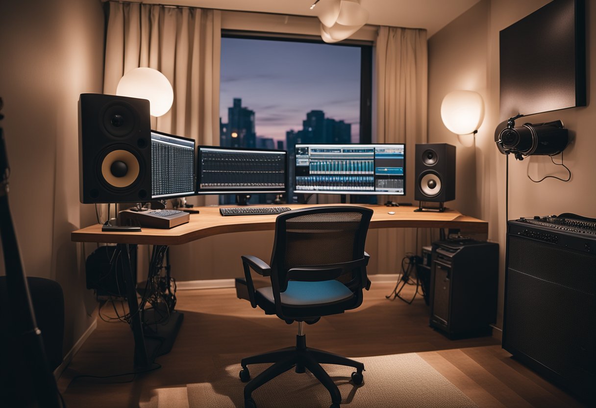 A cozy bedroom with soundproof walls, a well-organized desk with recording equipment, soft lighting, and comfortable seating for musicians
