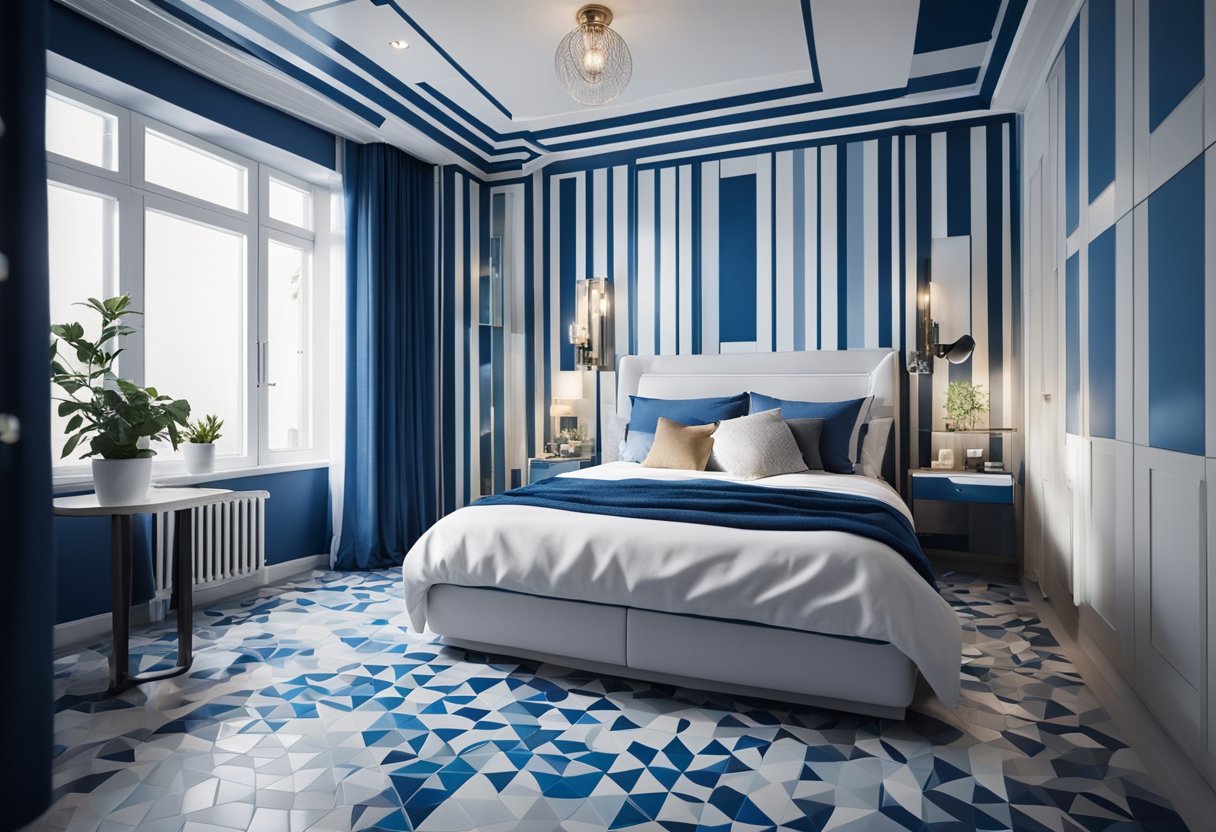 A bedroom with geometric patterned tiles in shades of blue and white