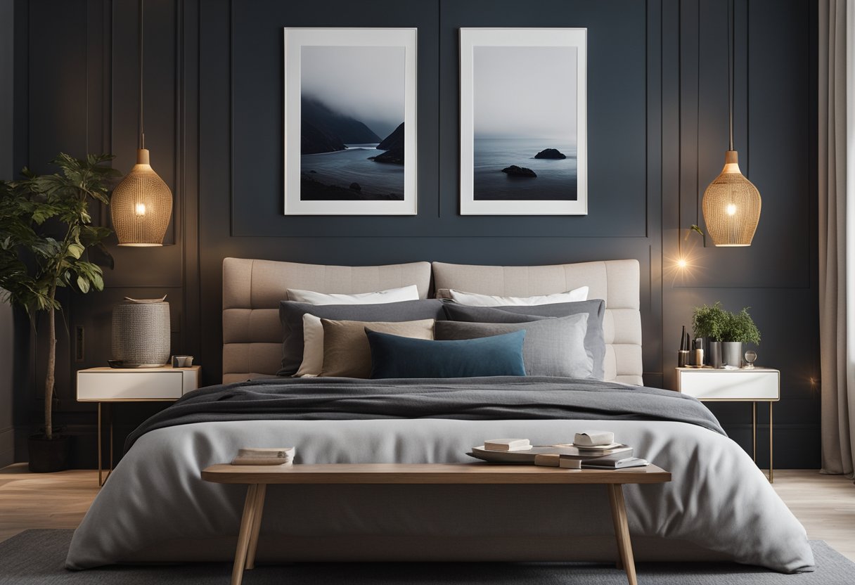 A cozy bedroom with a feature wall painted in a deep, calming color. The wall is adorned with a simple, elegant gallery of framed artwork and photographs, creating a stylish and inviting atmosphere