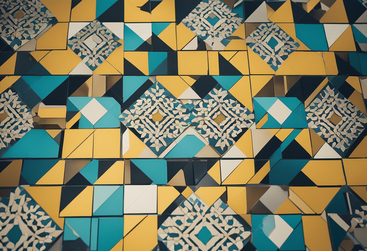 A bird's-eye view of a bedroom floor with intricate tile patterns in various colors and shapes