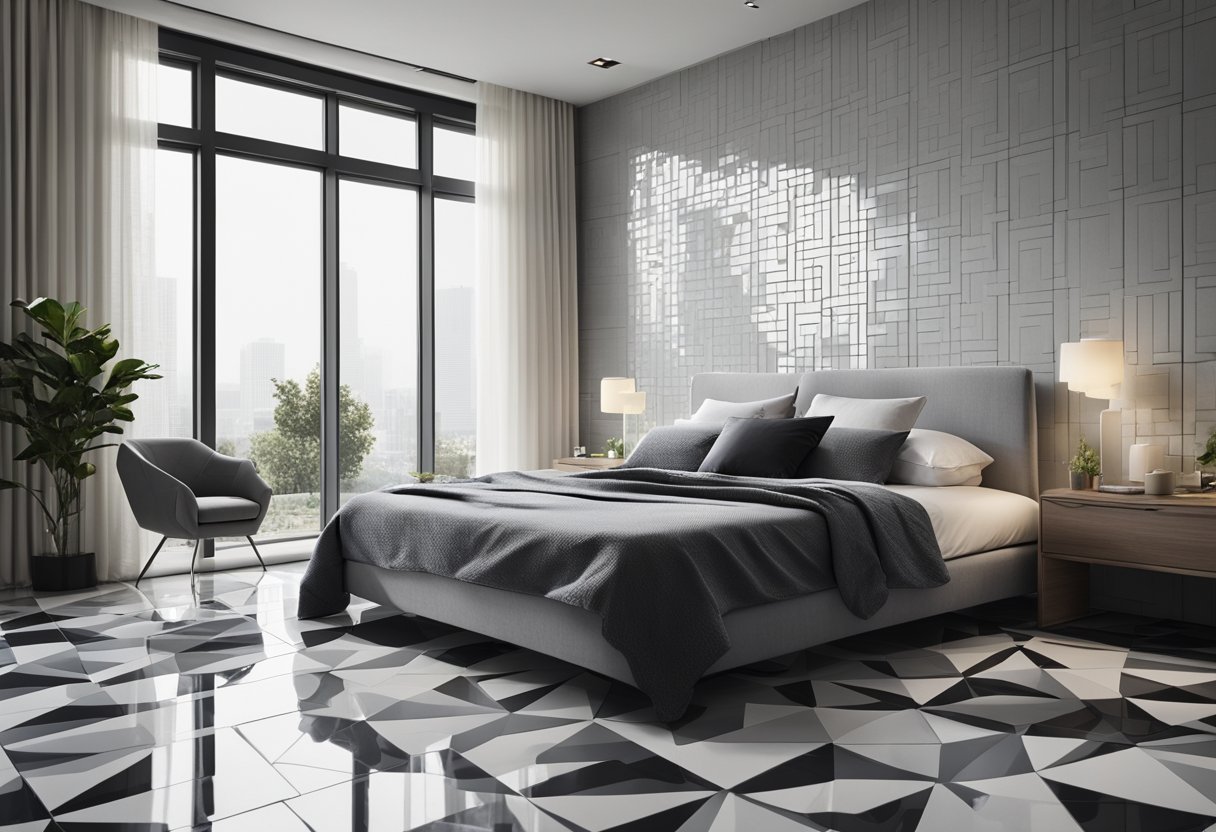 A bedroom with tiled flooring, featuring a modern geometric pattern in shades of grey and white. The tiles are smooth and glossy, reflecting the natural light coming in from the window